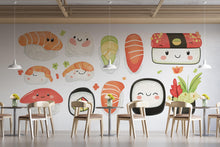 Load image into Gallery viewer, Cute Sushi Wall Decal, Kawaii Food Wall Art, Sushi Restaurant Wall Sticker, Japanese Food Wall Decor, Cafe Kitchen Wall Decal