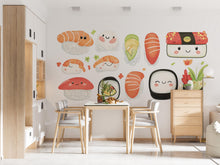 Load image into Gallery viewer, Cute Sushi Wall Decal, Kawaii Food Wall Art, Sushi Restaurant Wall Sticker, Japanese Food Wall Decor, Cafe Kitchen Wall Decal