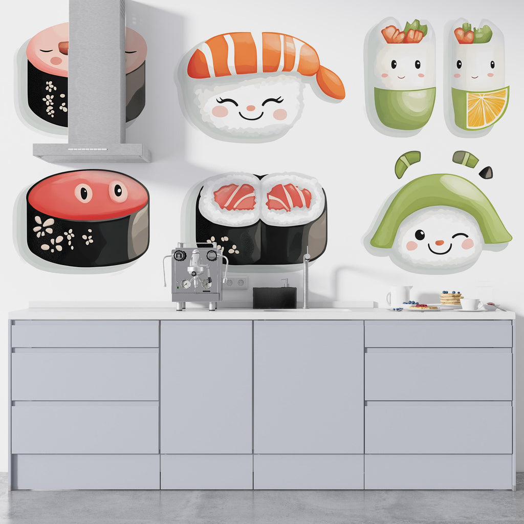 Cute Sushi Wall Decal, Kawaii Sushi Wall Art, Japanese Food Wall Sticker, Sushi Restaurant Decor, Cafe Dining Wall Decor