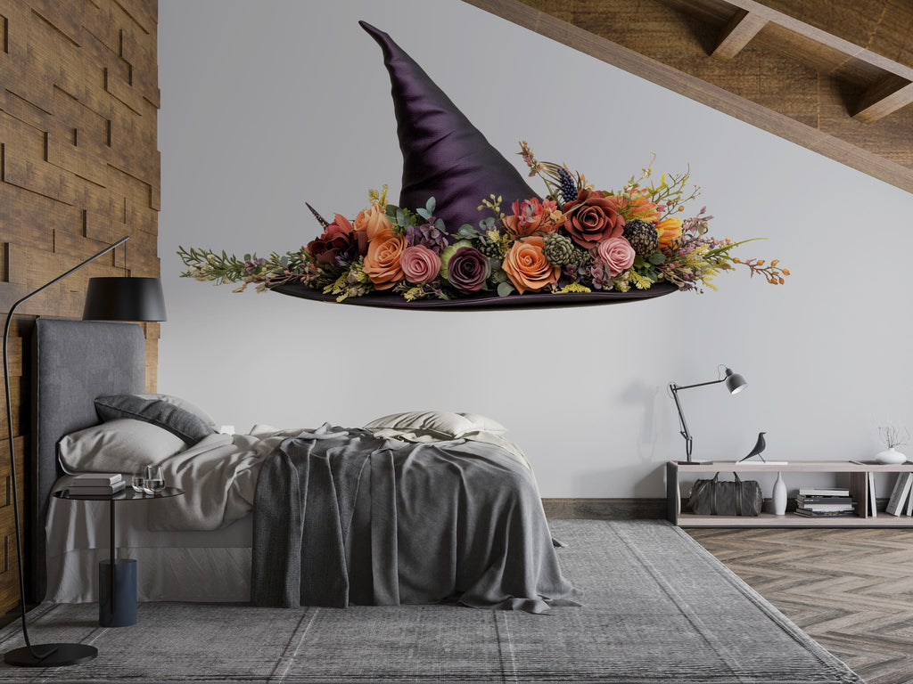 Floral Witch Hat Wall Decal, Enchanted Floral Wall Sticker, Gothic Cottagecore Wall Art, Fantasy Witch Decor, Peel And Stick Wall Decal