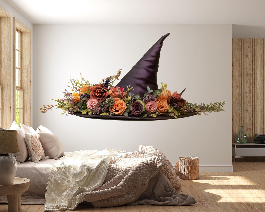 Floral Witch Hat Wall Decal, Enchanted Floral Wall Sticker, Gothic Cottagecore Wall Art, Fantasy Witch Decor, Peel And Stick Wall Decal