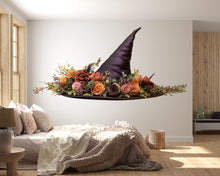 Load image into Gallery viewer, Floral Witch Hat Wall Decal, Enchanted Floral Wall Sticker, Gothic Cottagecore Wall Art, Fantasy Witch Decor, Peel And Stick Wall Decal