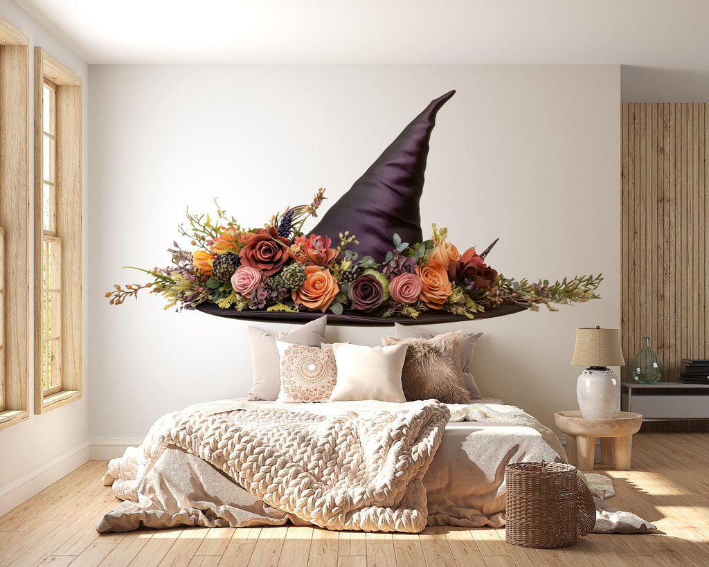Floral Witch Hat Wall Decal, Enchanted Floral Wall Sticker, Gothic Cottagecore Wall Art, Fantasy Witch Decor, Peel And Stick Wall Decal