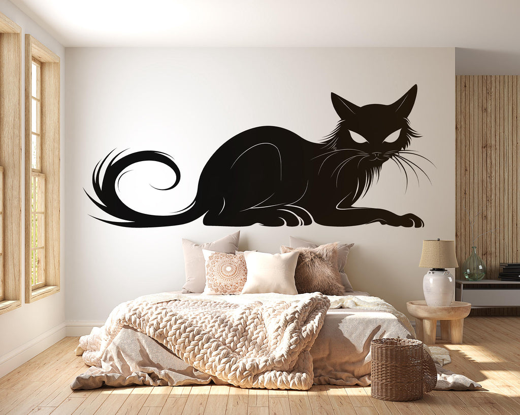 Black Cat Wall Decal, Witchy Cat Wall Sticker, Gothic Cat Silhouette Wall Art, Halloween Cat Decor, Minimal Peel And Stick Wall Decal