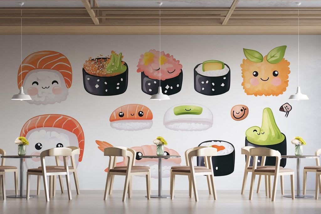 Cute Sushi Wall Decal, Kawaii Sushi Wall Art, Japanese Food Wall Sticker, Restaurant Wall Decor, Kitchen Sushi Wall Decal