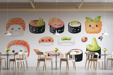 Load image into Gallery viewer, Cute Sushi Wall Decal, Kawaii Sushi Wall Art, Japanese Food Wall Sticker, Restaurant Wall Decor, Kitchen Sushi Wall Decal