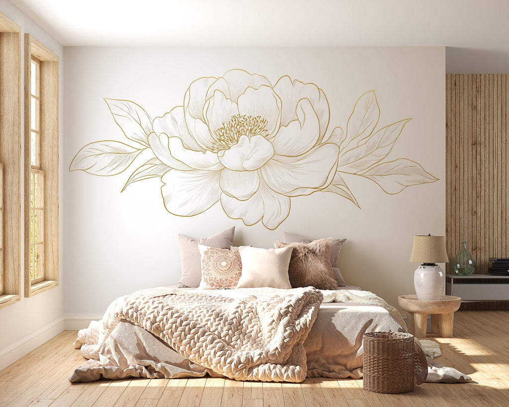 Minimalist Floral Wall Decal, Gold Line Art Flower Wall Sticker, Elegant Botanical Wall Art, Modern Bedroom Wall Decor, Peel And Stick Wall