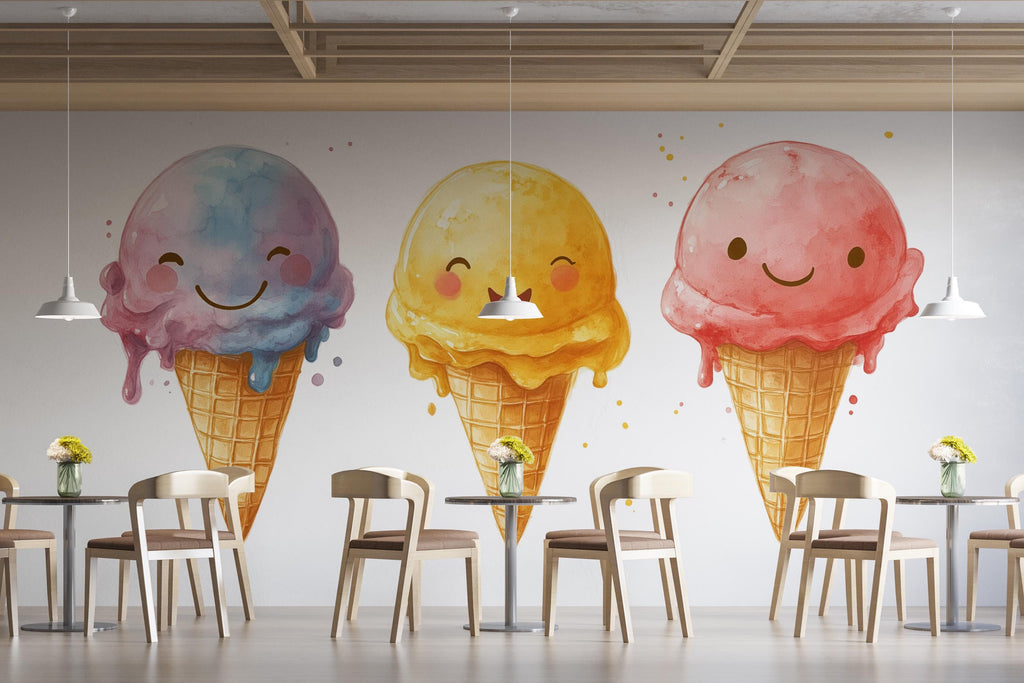 Cute Ice Cream Wall Decal, Smiling Ice Cream Wall Art, Ice Cream Shop Wall Decor, Dessert Wall Sticker, Cafe Wall Decal