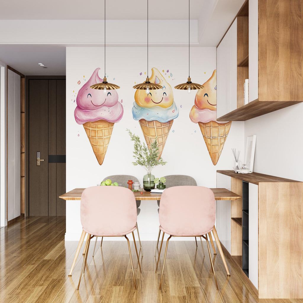 Cute Ice Cream Wall Decal, Smiling Ice Cream Cone Wall Art, Ice Cream Shop Wall Decor, Dessert Cafe Wall Sticker, Playful Food Wall Decal