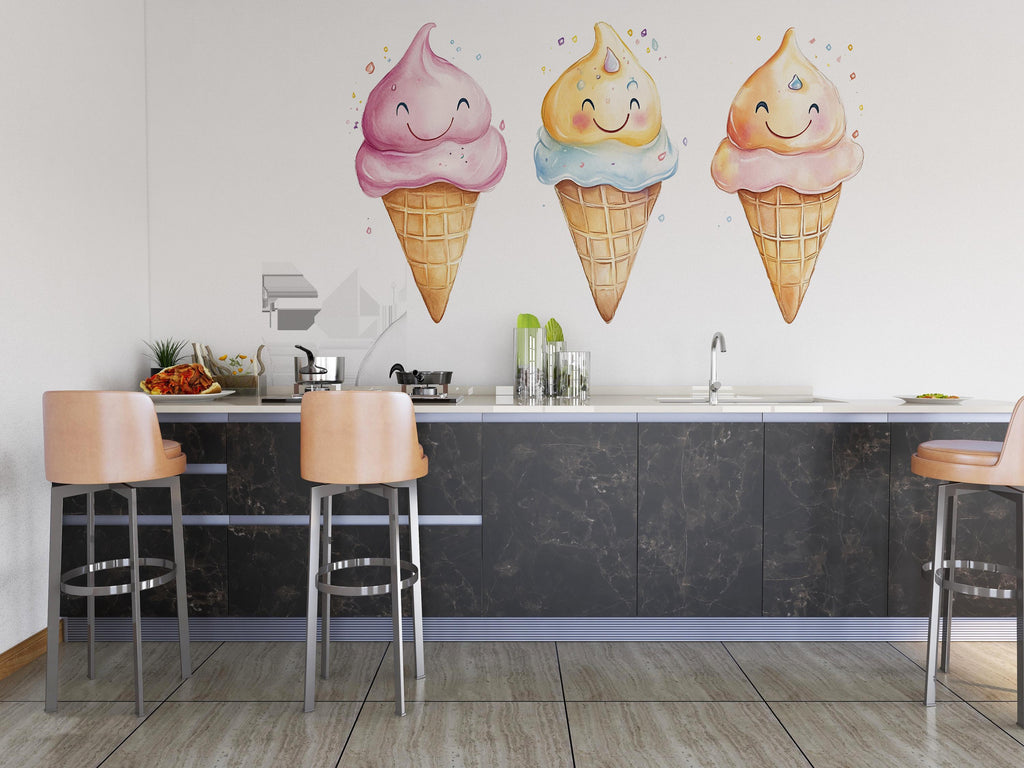 Cute Ice Cream Wall Decal, Smiling Ice Cream Cone Wall Art, Ice Cream Shop Wall Decor, Dessert Cafe Wall Sticker, Playful Food Wall Decal