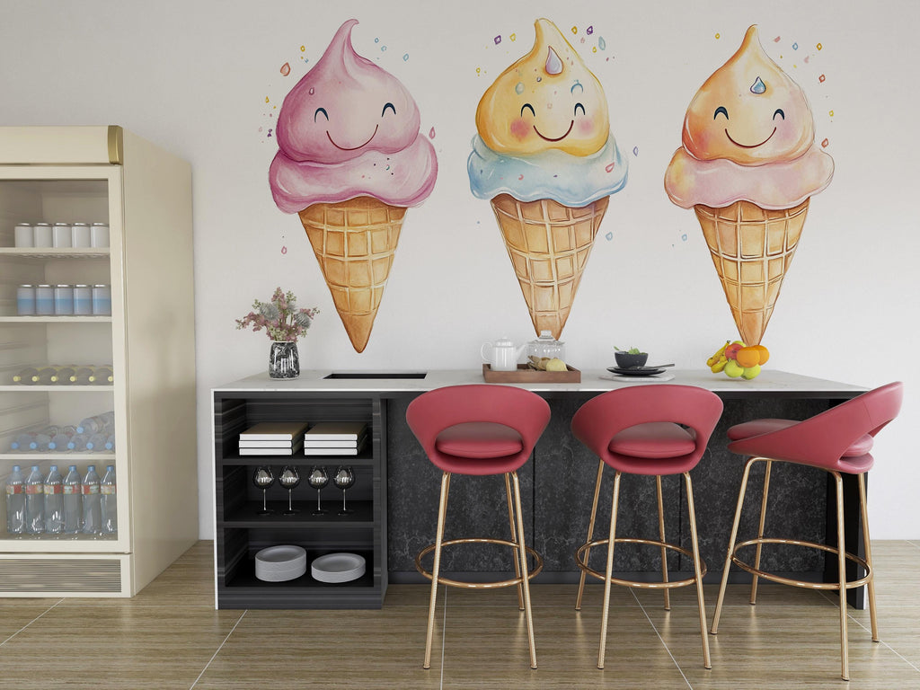 Cute Ice Cream Wall Decal, Smiling Ice Cream Cone Wall Art, Ice Cream Shop Wall Decor, Dessert Cafe Wall Sticker, Playful Food Wall Decal