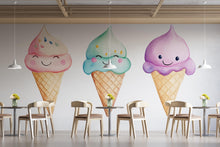 Load image into Gallery viewer, Cute Ice Cream Wall Decal, Smiling Ice Cream Cone Wall Art, Pastel Ice Cream Wall Sticker, Cafe Dessert Wall Decor, Kids Room Ice Cream
