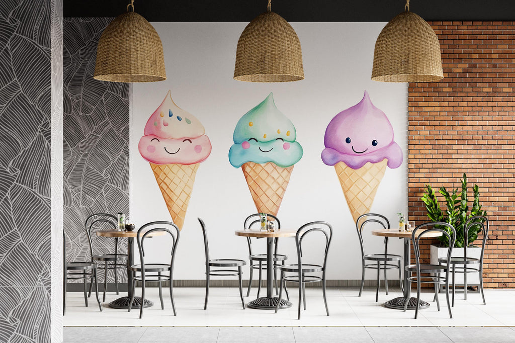 Cute Ice Cream Wall Decal, Smiling Ice Cream Cone Wall Art, Pastel Ice Cream Wall Sticker, Cafe Dessert Wall Decor, Kids Room Ice Cream