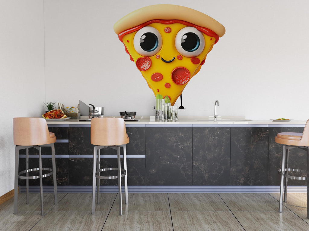 Cute Pizza Wall Decal, Smiling Pizza Slice Wall Sticker, Kawaii Pizza Wall Art, Kitchen Wall Decor, Restaurant Cafe Pizza Wall Decal