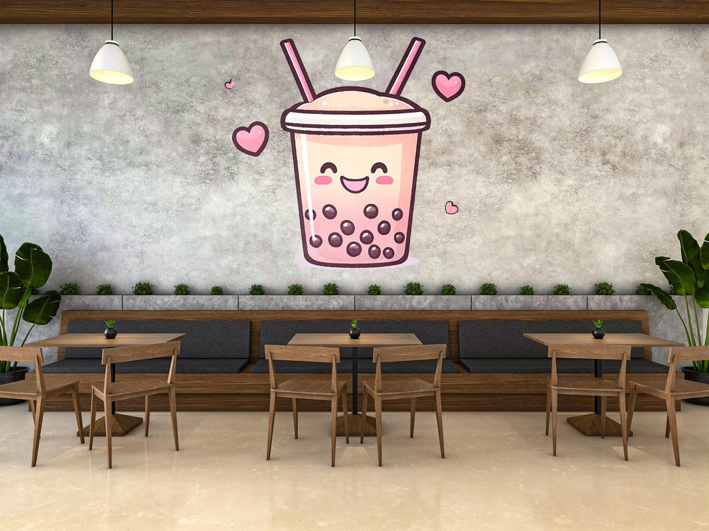 Cute Bubble Tea Wall Decal, Kawaii Boba Tea Wall Sticker, Smiling Bubble Tea Wall Art, Cafe Wall Decor, Drink Shop Wall Decal