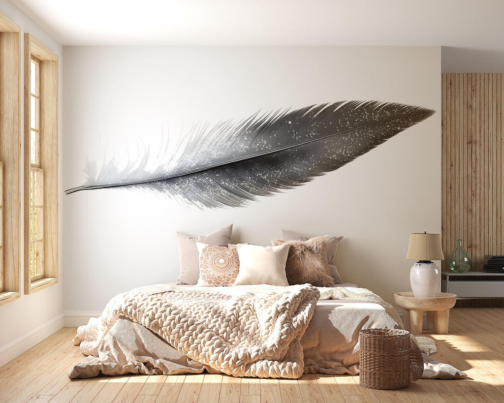 Minimalist Feather Wall Decal, Abstract Feather Wall Sticker, Modern Bedroom Wall Decor, Neutral Home Wall Art, Peel And Stick Wall Decal