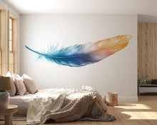 Load image into Gallery viewer, Minimalist Feather Wall Decal, Blue Gold Feather Wall Sticker, Modern Bedroom Wall Decor, Neutral Boho Wall Art, Peel And Stick Wall Decal