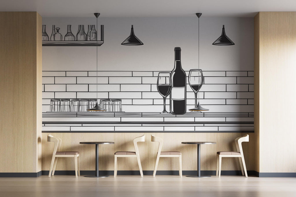 Wine Bar Wall Decal Line Art, Restaurant Wine Wall Art, Modern Wine Bottle And Glass Mural, Cafe Bar Wall Sticker, Minimalist Wine Decor