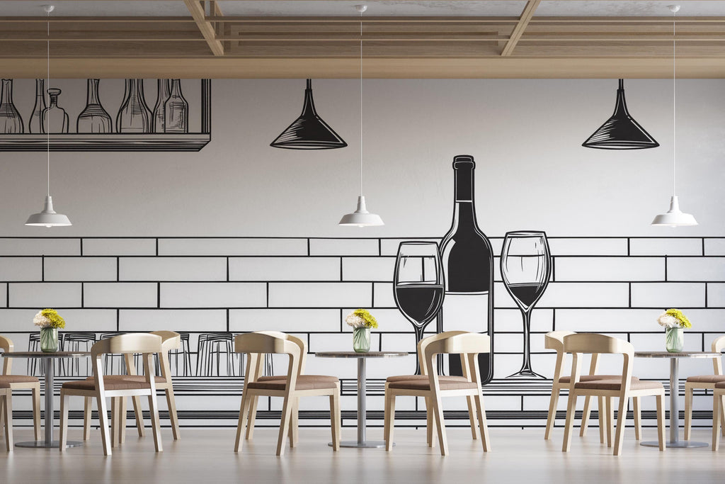 Wine Bar Wall Decal Line Art, Restaurant Wine Wall Art, Modern Wine Bottle And Glass Mural, Cafe Bar Wall Sticker, Minimalist Wine Decor