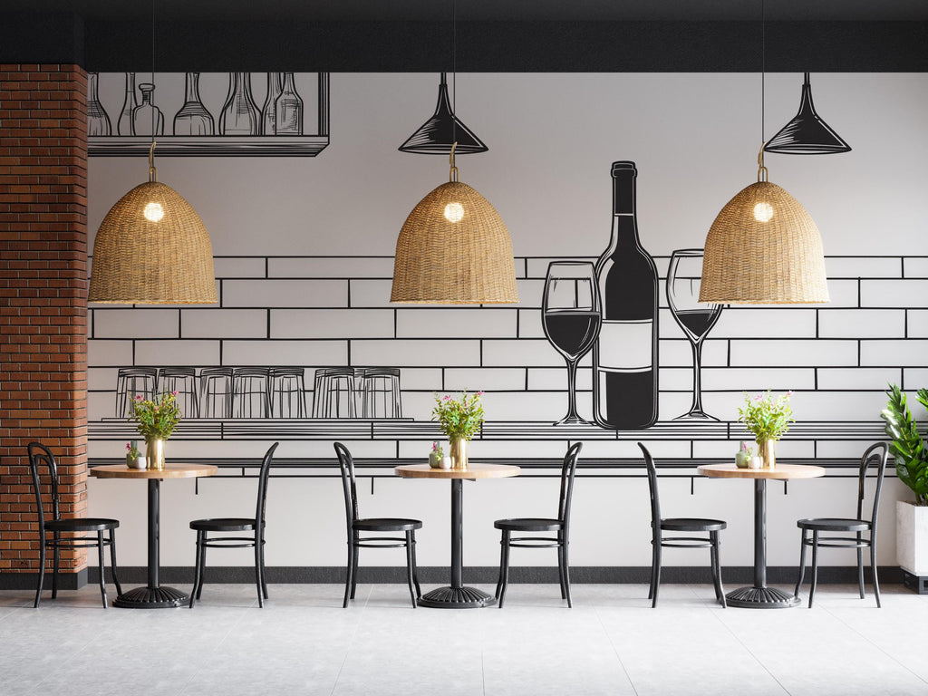 Wine Bar Wall Decal Line Art, Restaurant Wine Wall Art, Modern Wine Bottle And Glass Mural, Cafe Bar Wall Sticker, Minimalist Wine Decor