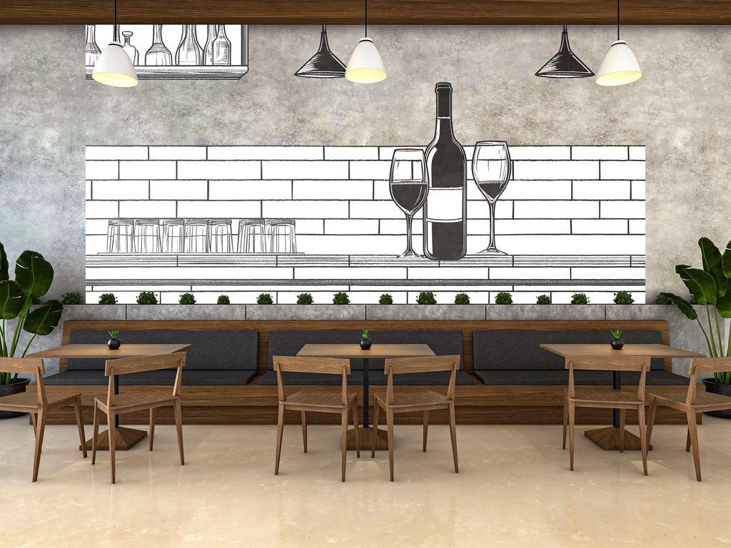 Wine Bar Wall Decal Line Art, Restaurant Wine Wall Art, Modern Wine Bottle And Glass Mural, Cafe Bar Wall Sticker, Minimalist Wine Decor