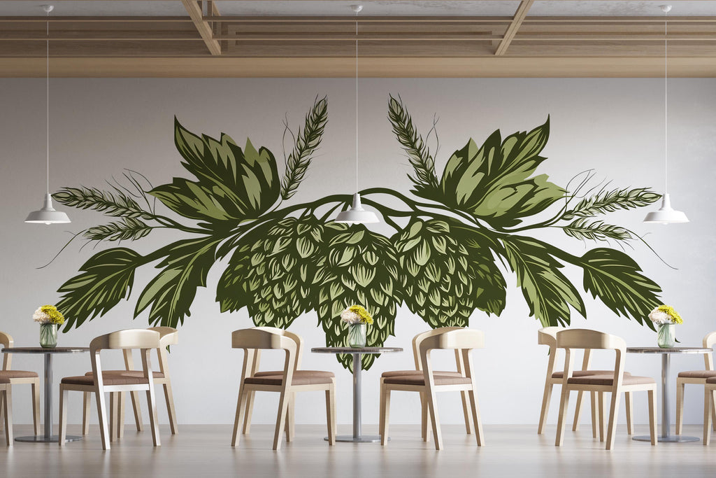 Hops Wall Decal Brewery Decor, Botanical Hop Cone Wall Art, Craft Beer Restaurant Mural, Modern Greenery Bar Wall Sticker
