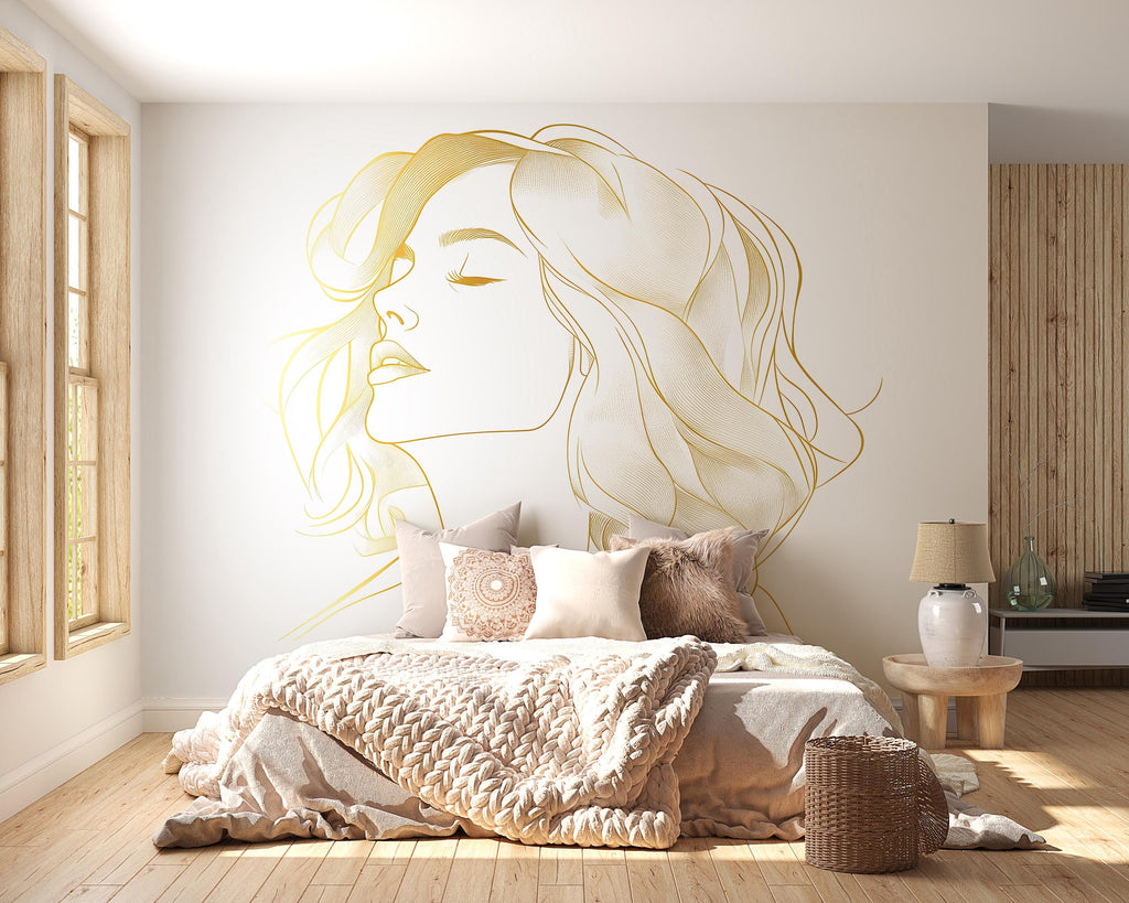 Gold Line Art Woman Wall Decal, Minimalist Female Face Wall Sticker, Modern Bedroom Wall Decor, Elegant Portrait Wall Art