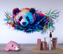 Load image into Gallery viewer, Colorful Panda Wall Art, Panda Bamboo Mural, Nursery Animal Wall Decor, Kids Room Panda Art, Modern Wildlife Print 377mv