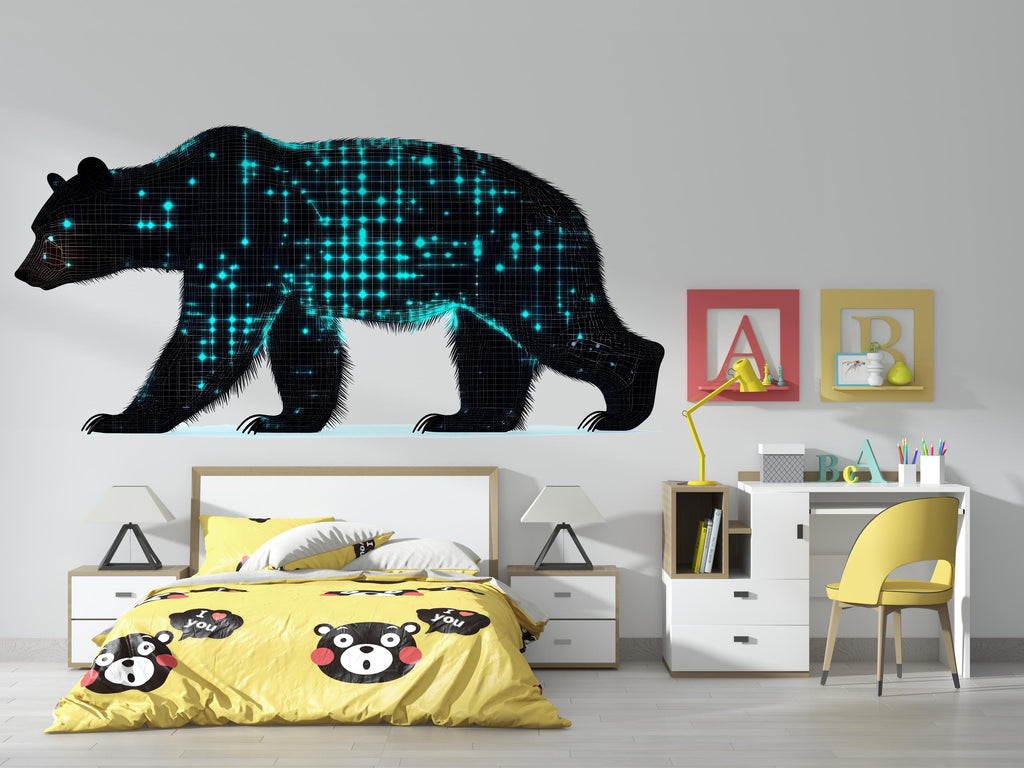 Digital Bear Wall Art, Modern Bear Mural, Tech Animal Wall Art, Kids Room Bear Decor, Futuristic Nursery Art 379mv