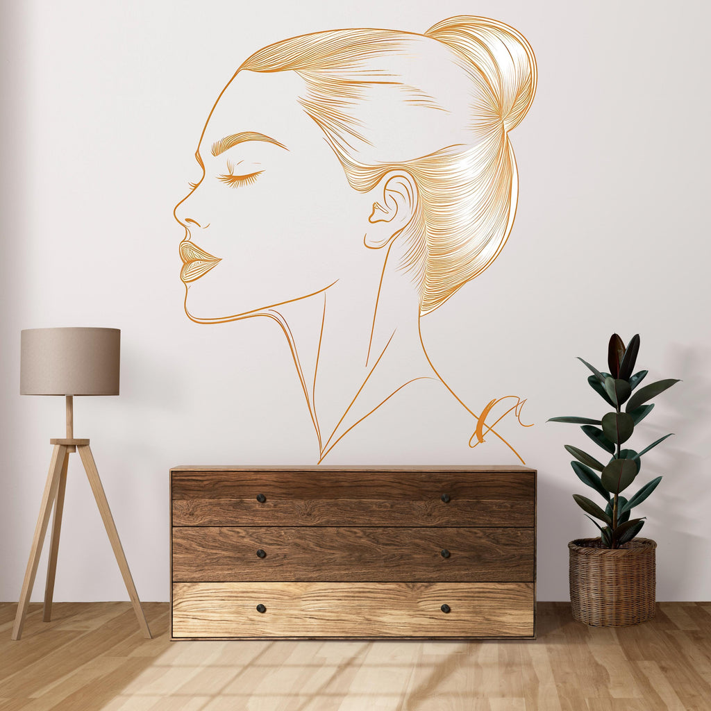 Gold Line Art Woman Wall Decal, Minimalist Female Profile Wall Sticker, Elegant Bedroom Wall Decor, Modern Beauty Room Wall Art