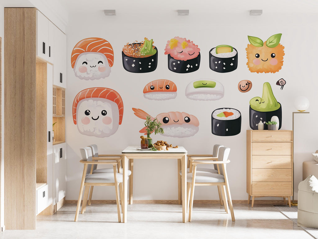 Cute Sushi Wall Mural Kawaii Food Wall Art Japanese Cafe Kitchen Decor 383mv