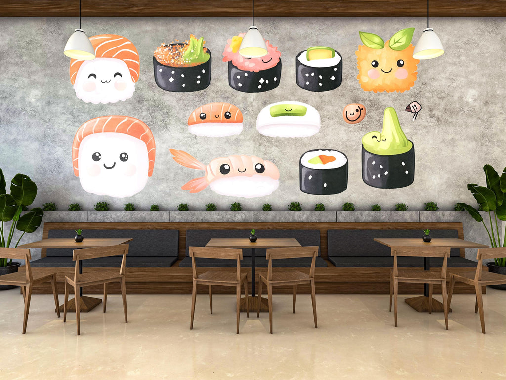 Cute Sushi Wall Mural Kawaii Food Wall Art Japanese Cafe Kitchen Decor 383mv