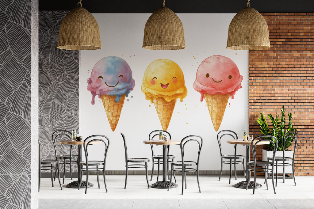 Cute Ice Cream Wall Mural Smiling Ice Cream Cafe Wall Art Dessert Decor 385mv