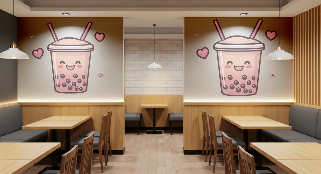 Cute Bubble Tea Wall Mural Kawaii Boba Tea Cafe Wall Art Decor 390mv