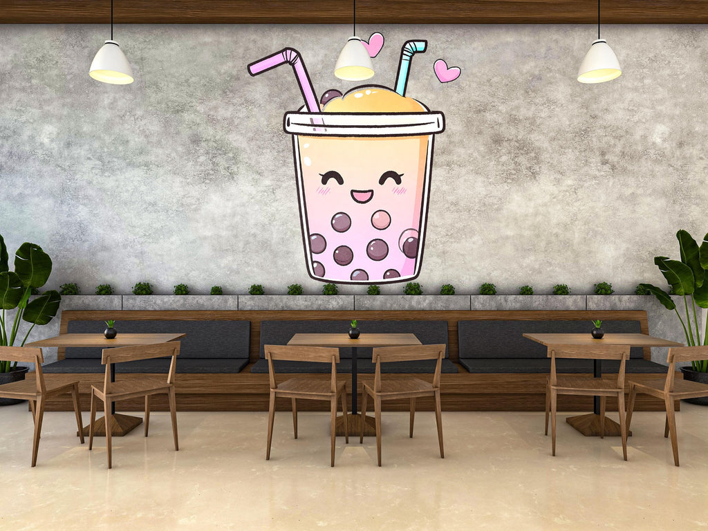 Kawaii Bubble Tea Wall Mural Cute Boba Drink Cafe Wall Art Decor 391mv