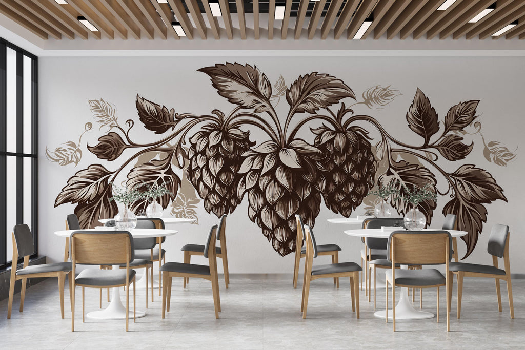 Vintage Hop Wall Mural Brewery Botanical Restaurant Decor 400mv