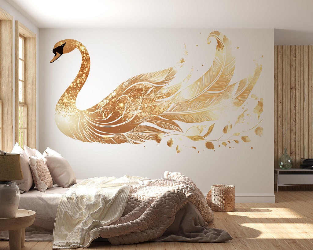 Golden Swan Wall Decal, Elegant Swan Wall Sticker, Luxury Bird Wall Art, Gold Swan Bedroom Decor, Peel And Stick Wall Decal, Modern Glam