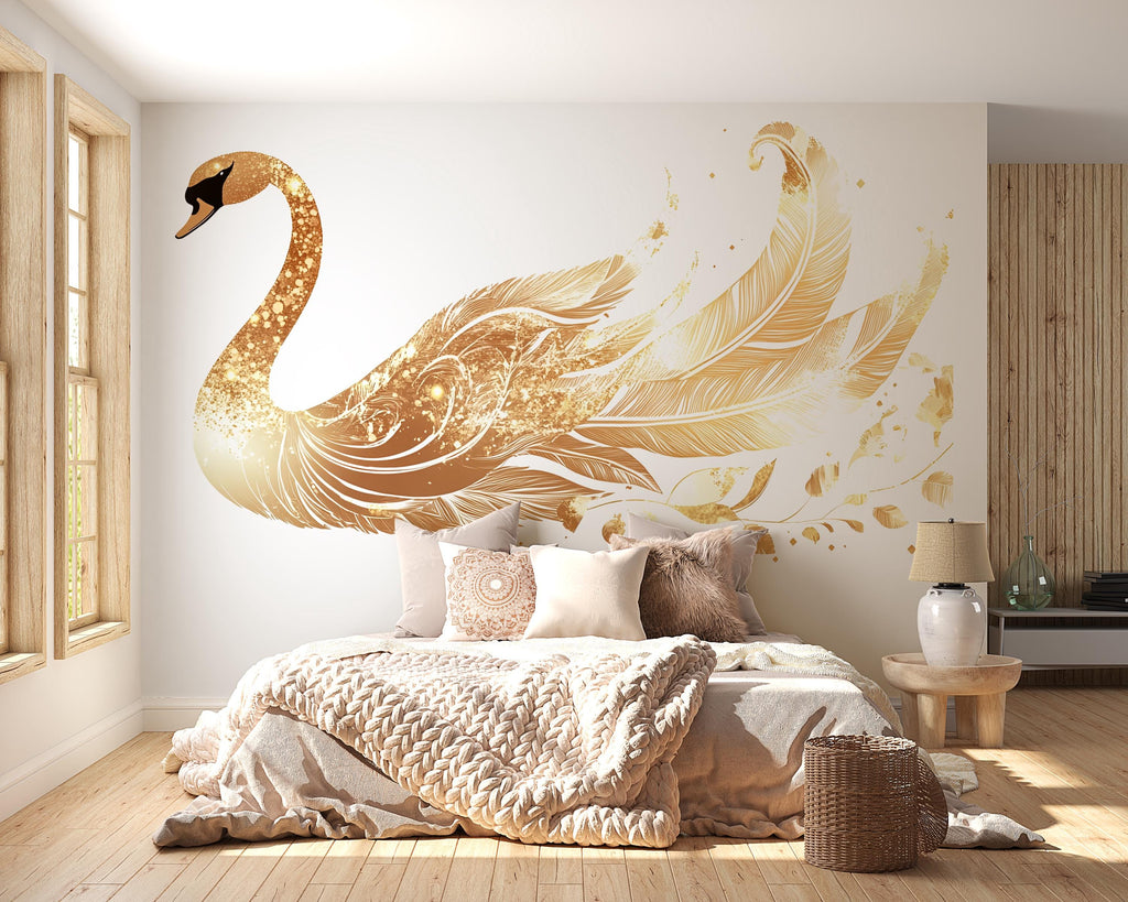 Golden Swan Wall Decal, Elegant Swan Wall Sticker, Luxury Bird Wall Art, Gold Swan Bedroom Decor, Peel And Stick Wall Decal, Modern Glam