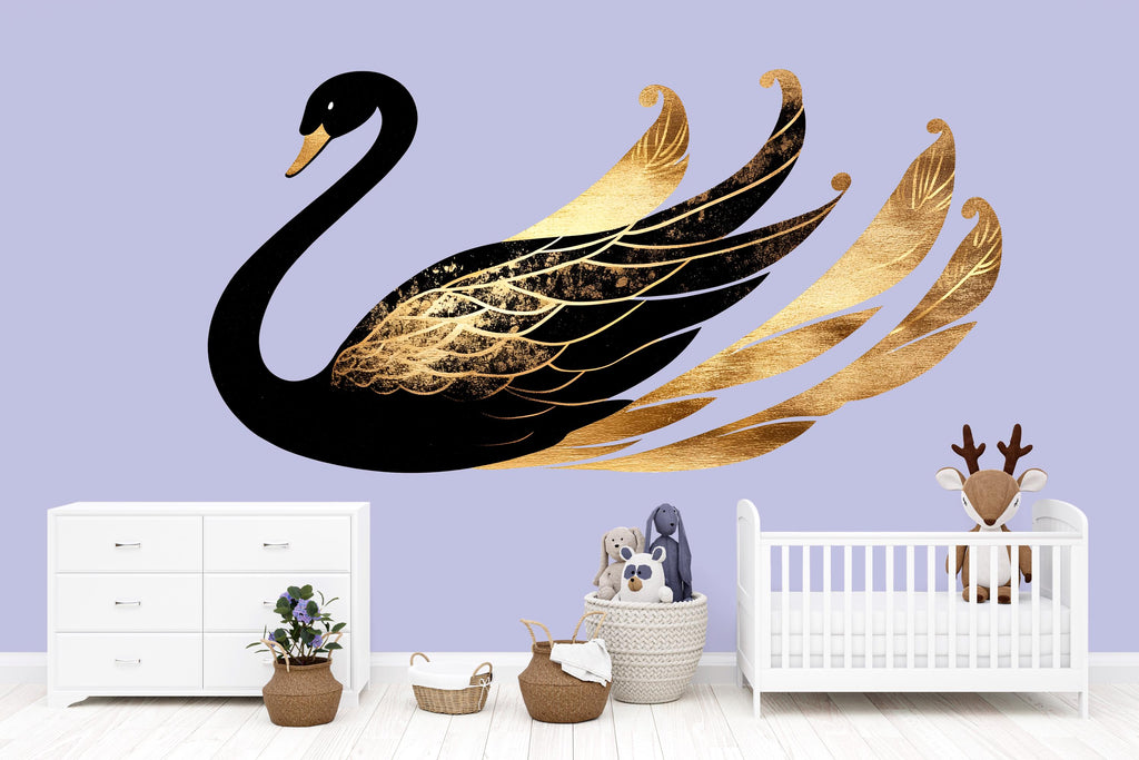 Black And Gold Swan Wall Decal, Elegant Swan Nursery Wall Sticker, Luxury Swan Wall Art, Baby Girl Nursery Decor, Peel And Stick Wall Decal
