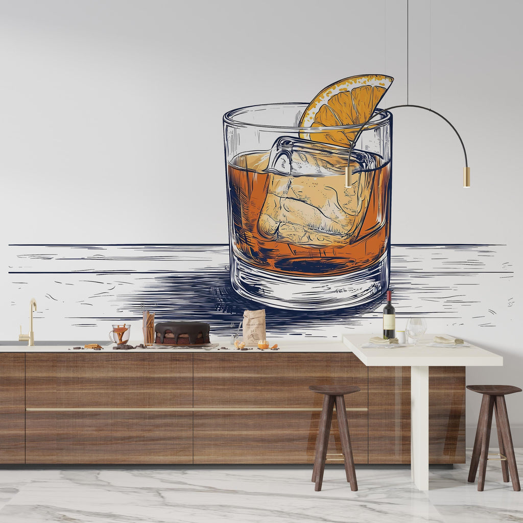 Hand Drawn Whiskey Wall Decal, Old Fashioned Cocktail Wall Art, Sketch Style Bar Mural, Restaurant Lounge Wall Sticker