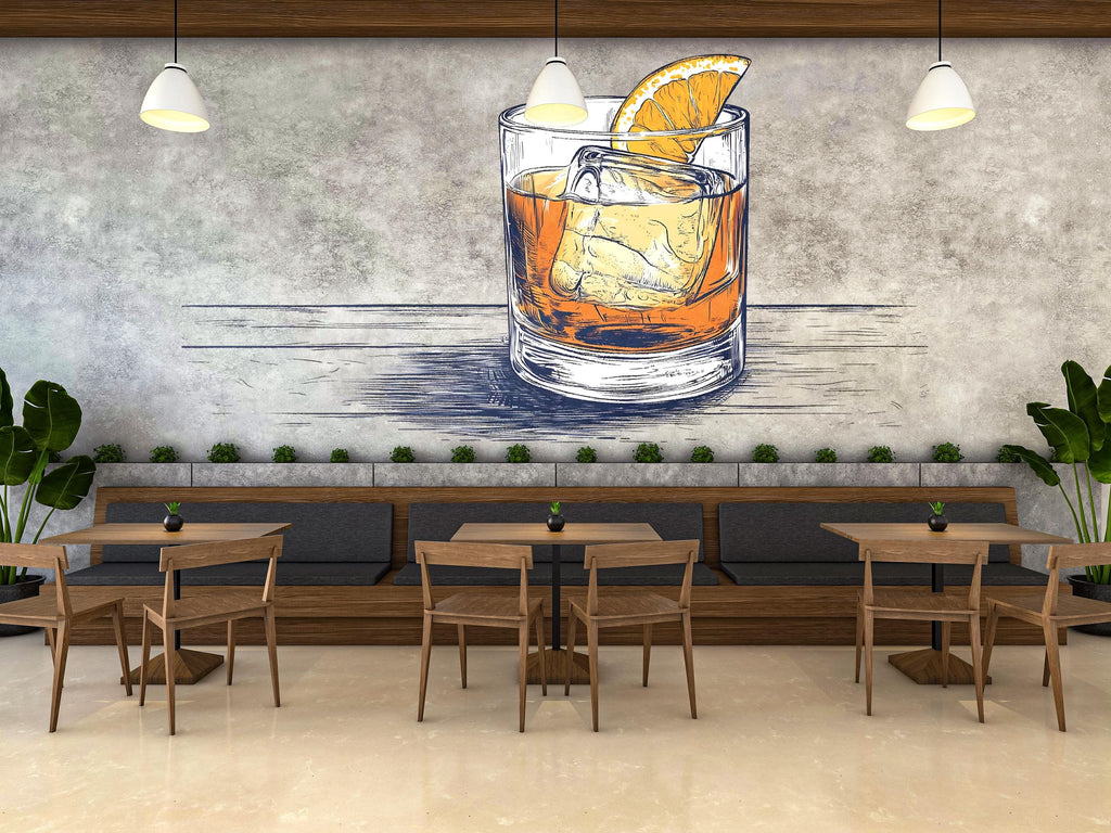 Hand Drawn Whiskey Wall Decal, Old Fashioned Cocktail Wall Art, Sketch Style Bar Mural, Restaurant Lounge Wall Sticker