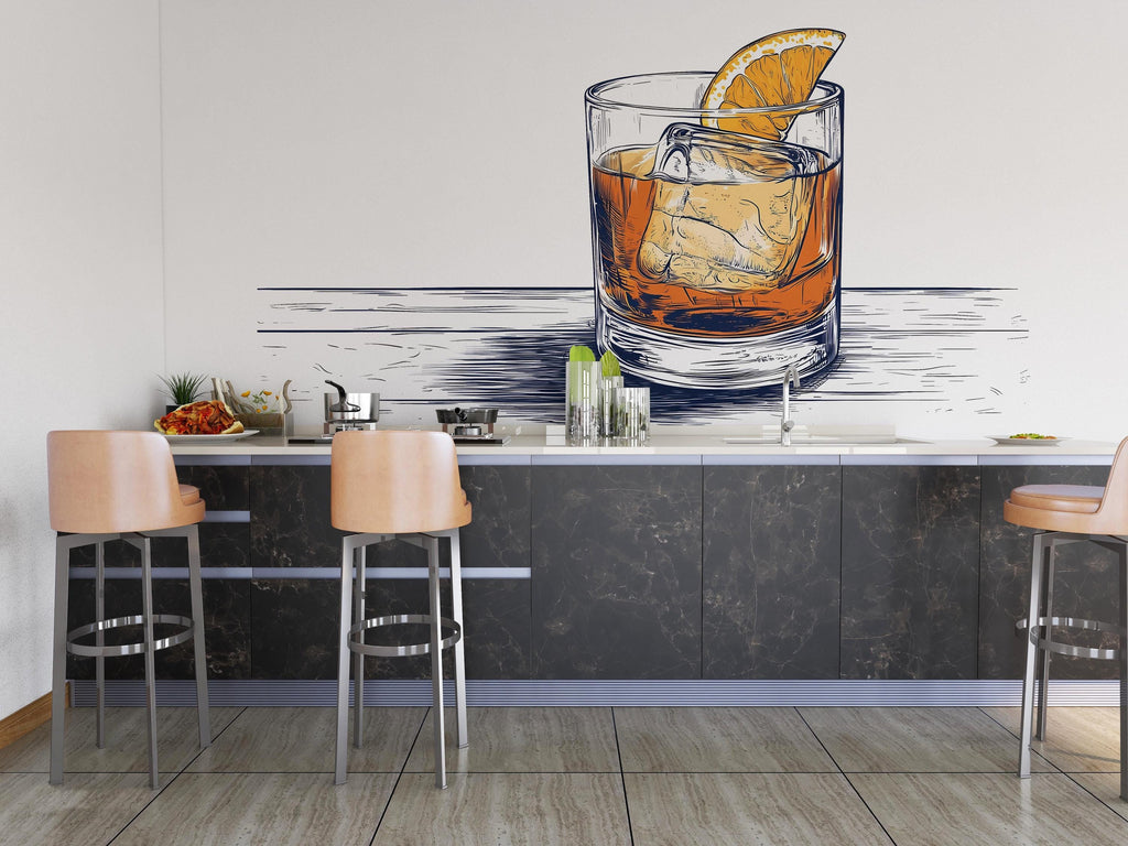Hand Drawn Whiskey Wall Decal, Old Fashioned Cocktail Wall Art, Sketch Style Bar Mural, Restaurant Lounge Wall Sticker