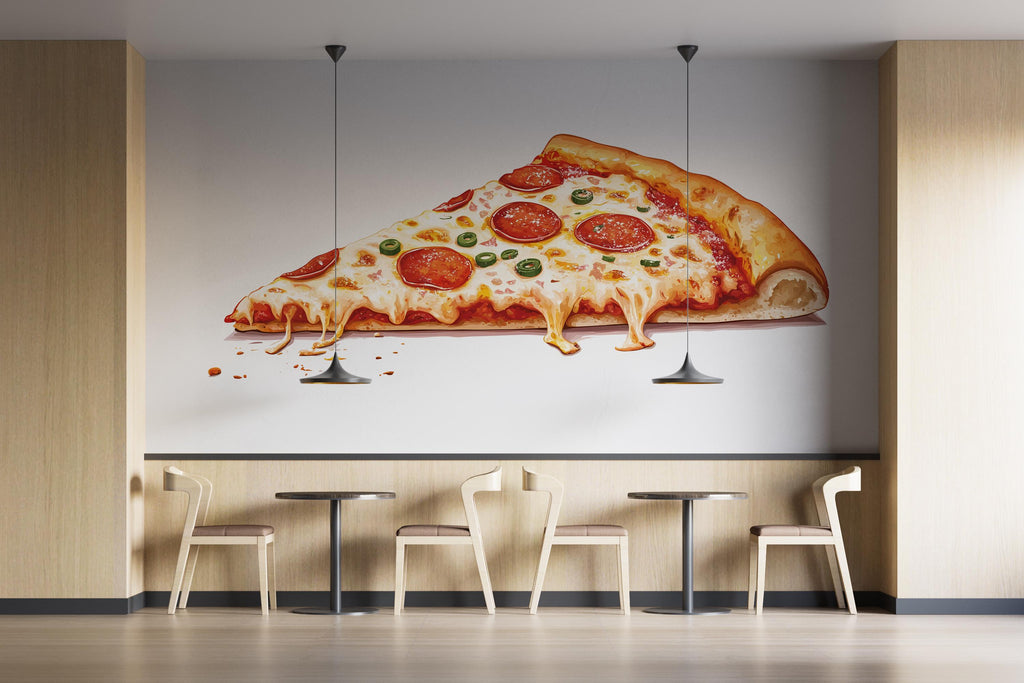 Cheesy Pizza Slice Wall Decal, Pepperoni Pizza Wall Art, Pizzeria Restaurant Mural, Food Illustration Wall Sticker