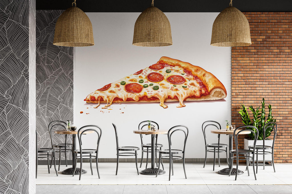 Cheesy Pizza Slice Wall Decal, Pepperoni Pizza Wall Art, Pizzeria Restaurant Mural, Food Illustration Wall Sticker