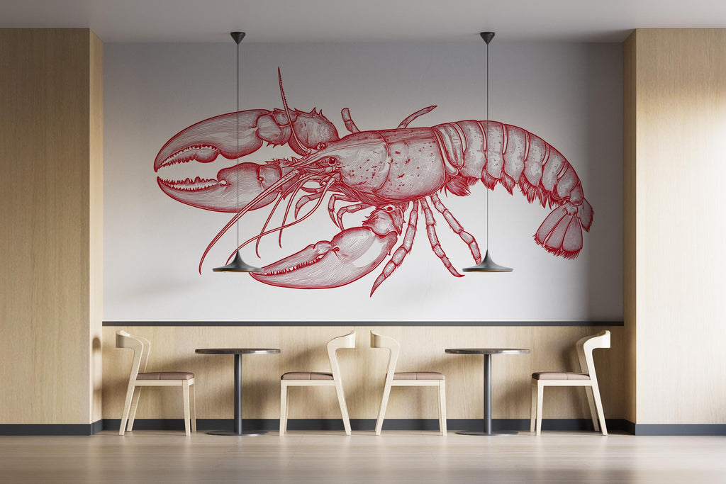 Vintage Lobster Wall Decal Red Lobster Illustration Wall Sticker Nautical Seafood Kitchen Restaurant Cafe Coastal Wall Art