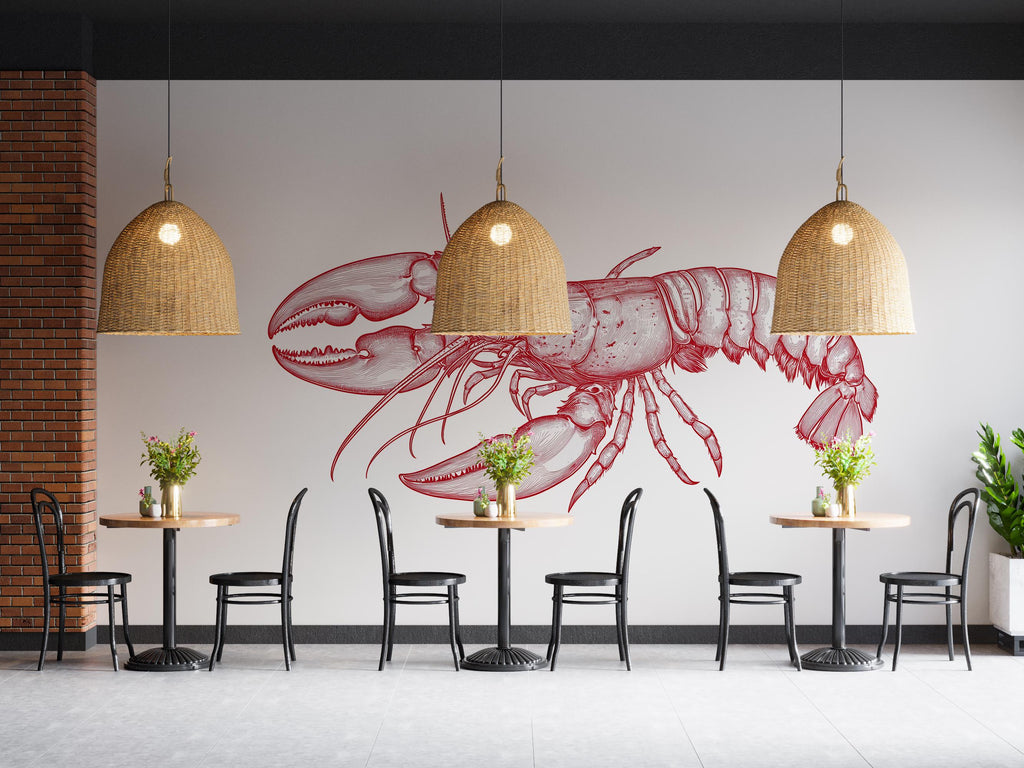 Vintage Lobster Wall Decal Red Lobster Illustration Wall Sticker Nautical Seafood Kitchen Restaurant Cafe Coastal Wall Art