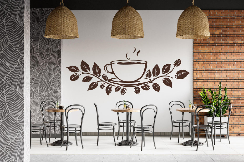 Coffee Cup Wall Decal Coffee Leaves Wall Sticker Cafe Wall Art Coffee Shop Kitchen Decor Modern Coffee Wall Art