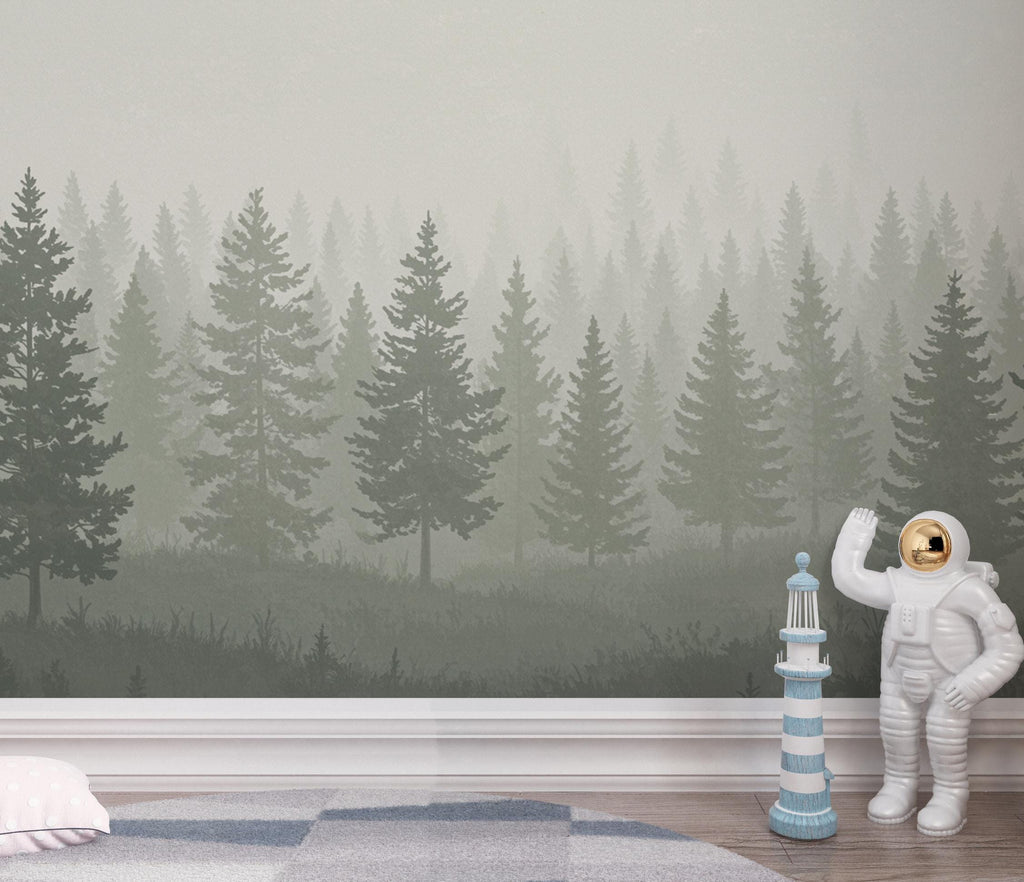 Dreamy Forest Wallpaper Mural – Watercolor Evergreen Trees, Forest wallpaper, Pine Tree Wall Art for Nursery Room 239DE