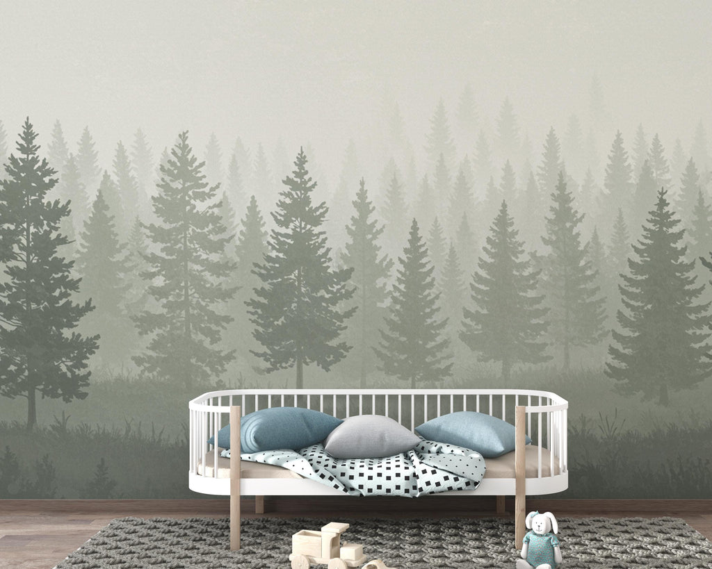 Dreamy Forest Wallpaper Mural – Watercolor Evergreen Trees, Forest wallpaper, Pine Tree Wall Art for Nursery Room 239DE