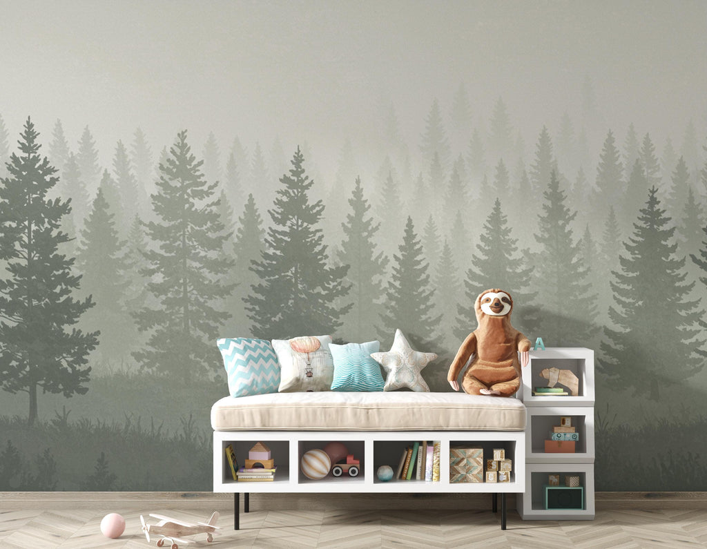 Dreamy Forest Wallpaper Mural – Watercolor Evergreen Trees, Forest wallpaper, Pine Tree Wall Art for Nursery Room 239DE